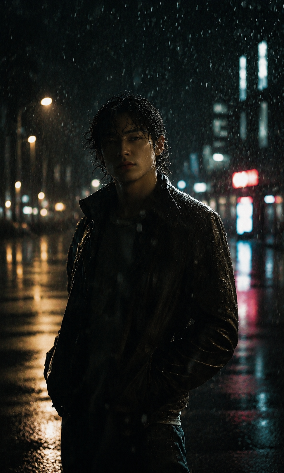 K-Vibe cinematic hero โ rainy neon night